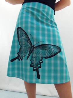 Butterfly on Turquoise Plaid A-Line Skirt
