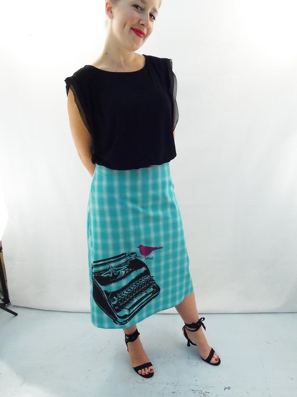 Typewrite on Turquoise Plaid A-Line Skirt