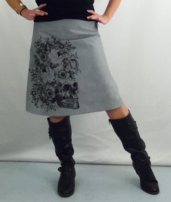 Skull with flowers Gray A-Line Skirt