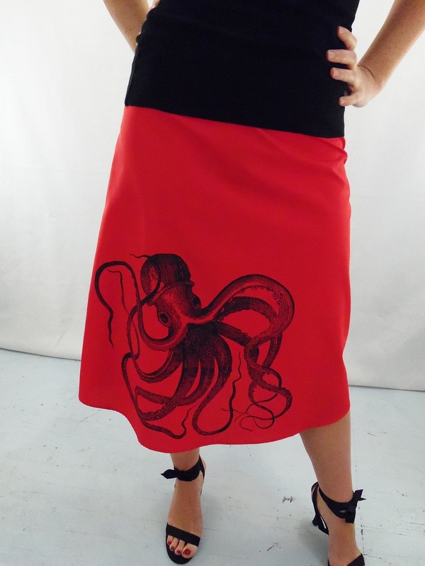 Octopus on Red A-Line Skirt
